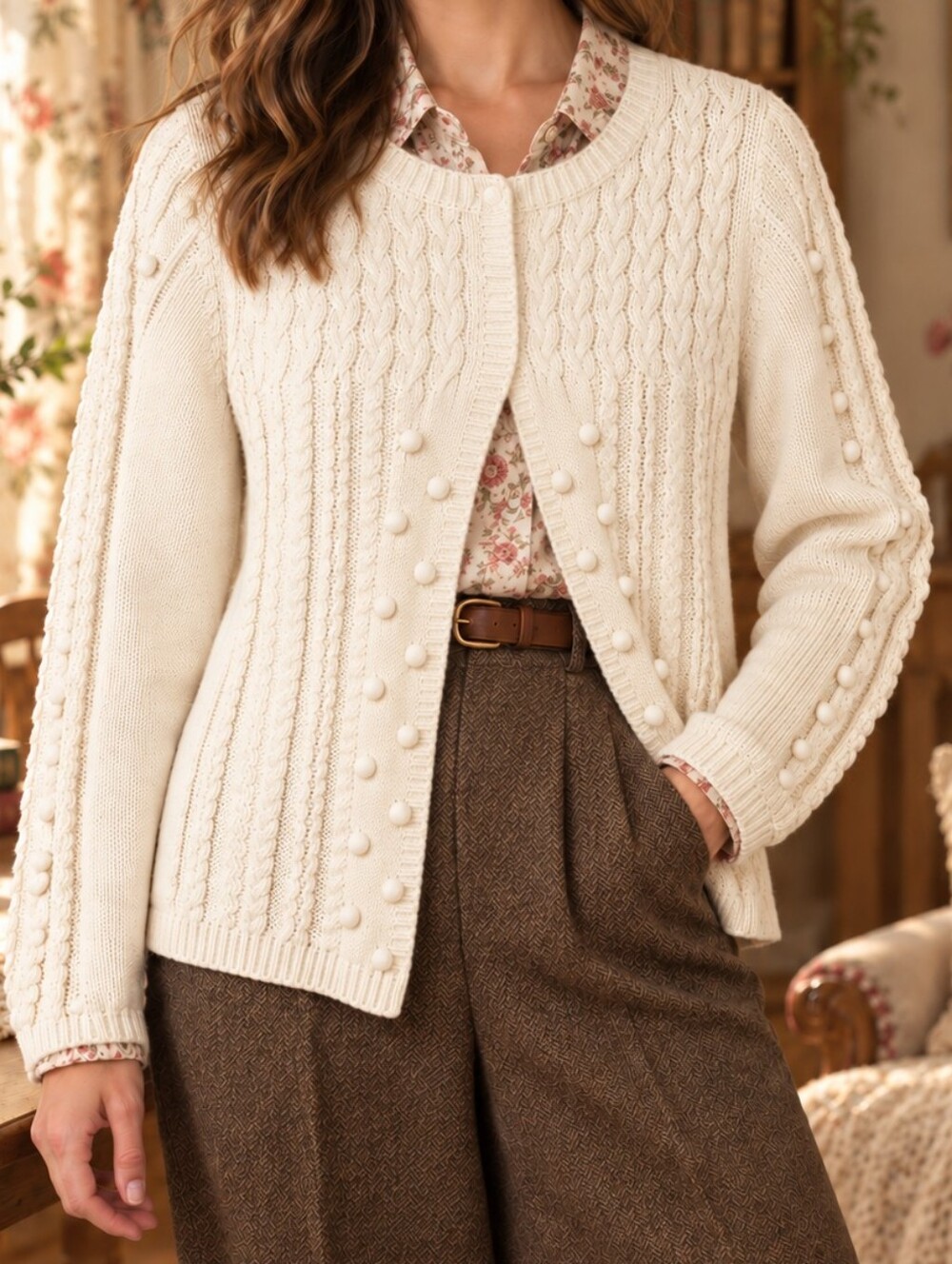 Liz Claiborne Cream Cable-Knit Bobble Button Cardigan Grandmacore Cottage Large